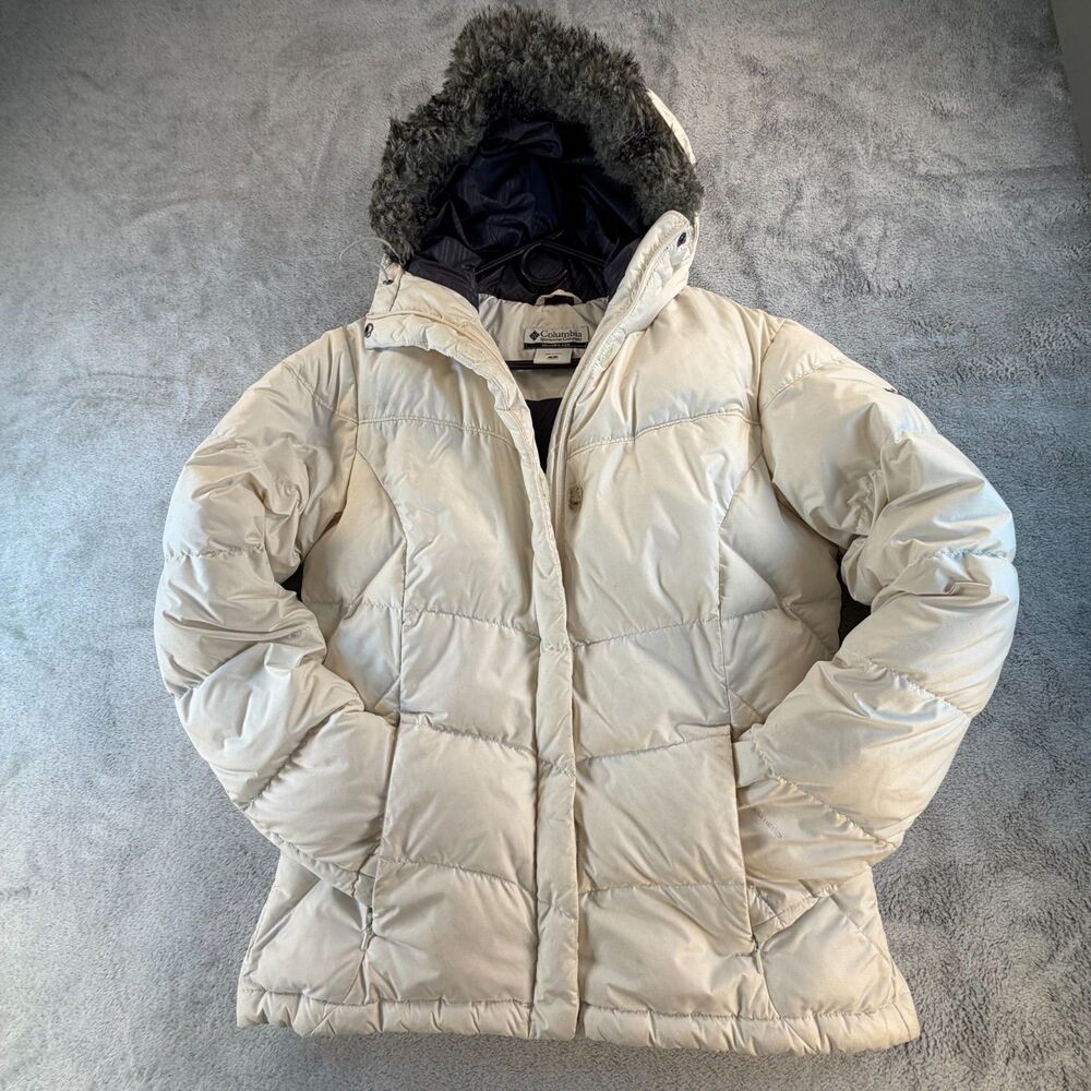 Columbia Down Puffer Jacket Womens Small Hooded Faux Fur Ivory